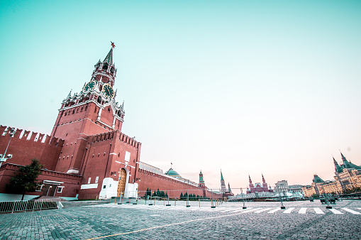 Kremlin Walls And Spasskaya Clocktower In Moscow, Russia