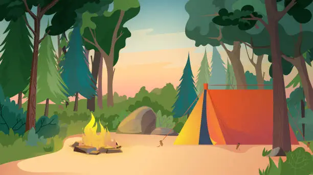 Vector illustration of Camping on meadow, landing page in flat cartoon style. Tent at forest place, campfire and trees. Outdoor activities, hiking, travelling, summer camp concept. Vector illustration of web background