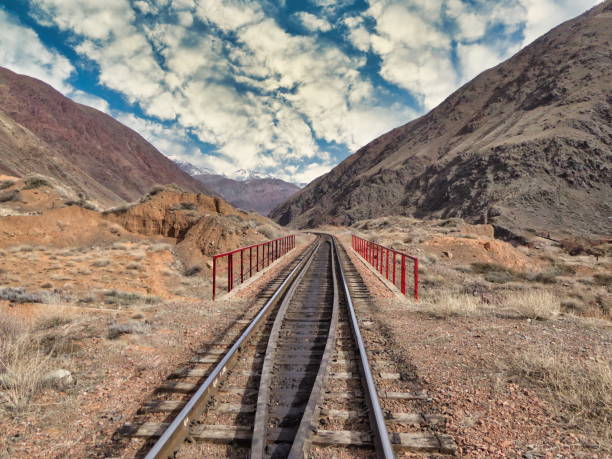 Train tracks of the Bishkek-Balyktschy railway line  running through a mountain pass in Kyrgyzstan