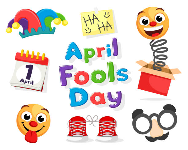 April fools day, text with emoticons and holiday symbols April fools day, text with emoticons and holiday symbols on white background april fools day calendar stock illustrations
