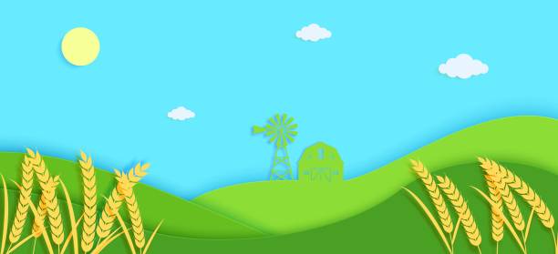 小麦や納屋、風車のカマレットを切り取りスタイルで使用した農業分野。緑の紙カット牧草地と3d秋の風景。環境保全と農場コンセプトのベクトル図。 - windmill cultivated land crop day点のイラスト素材／クリップアート素材／マンガ素材／アイコン素材