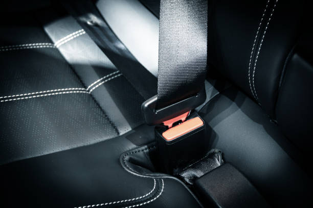 istock Seatbelt on a black leather seat. 1309112220