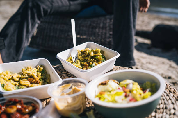 View of vegetarian picnic on beach in the morning