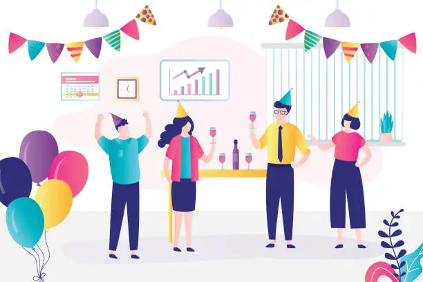 Vector illustration of Business people celebrate holiday. Employees in festive caps celebrate event. Room decorated with balloons and flags