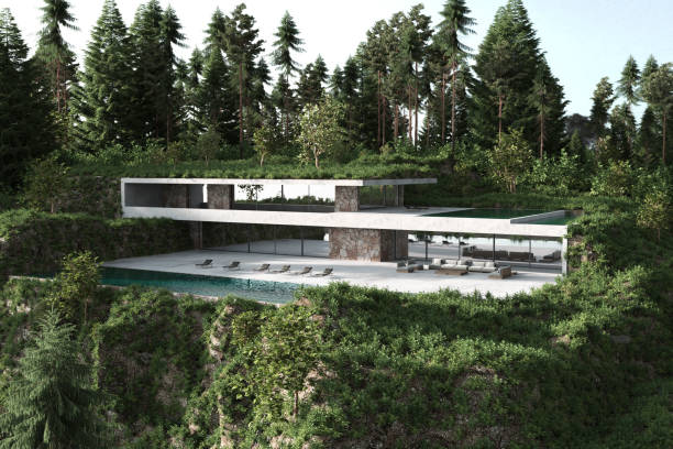 istock Perspective modern house with terrace, swimming pool on green forest view background. Minimal architecture design with chaise longue. Luxury facade and large panoramic windows. 3D rendering exterior. 1309116322