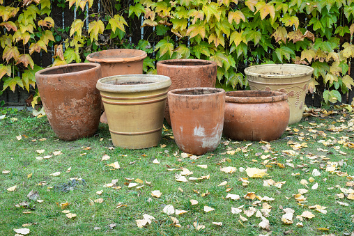 Autumn fall cleanups empty flower pots in the garden