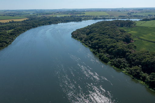 aerial view of plantations near the Tietê River waterway, in Bariri, interior of São Paulo.