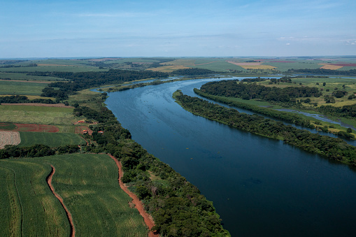 aerial view of plantations near the Tietê River waterway, in Bariri, interior of São Paulo.