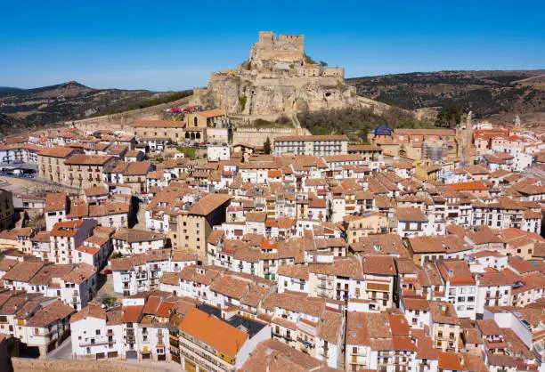 Aerial view of impregnable fortress in medieval village Morella, Spain