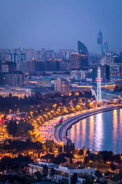 Baku city at dusk. Baku city, Azerbaijan, view of the modern skyline on the Caspian sea coast. baku stock pictures, royalty-free photos & images