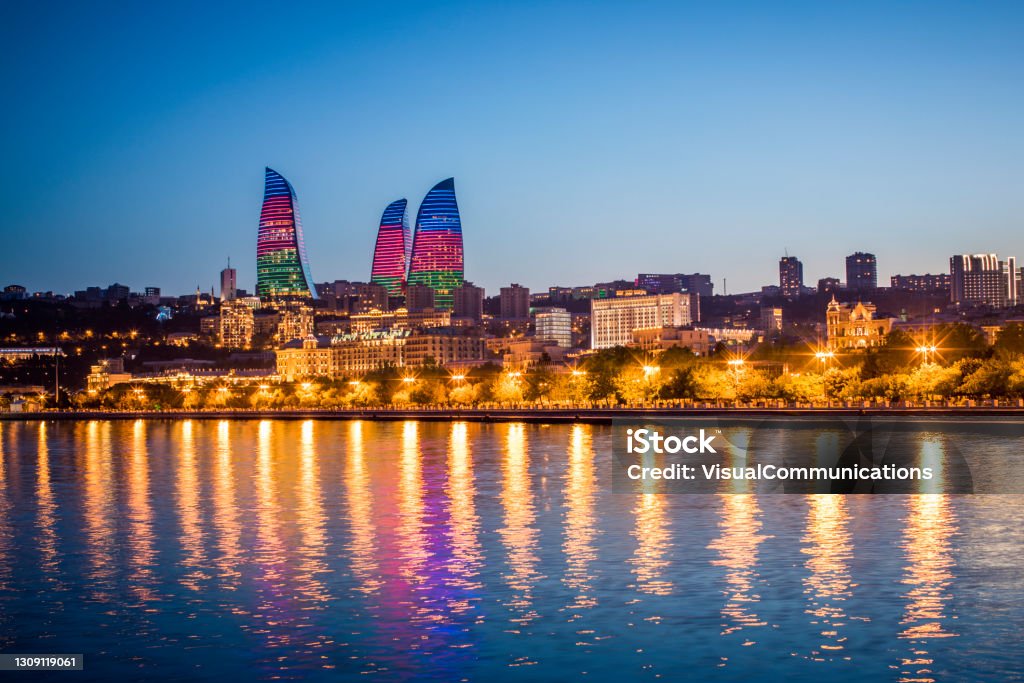 Seaside boulevard in Baku. Cityscape view of Baku, capital city of Azerbaijan. Flame towers. Baku Stock Photo