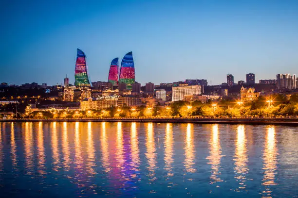 Cityscape view of Baku, capital city of Azerbaijan. Flame towers.
