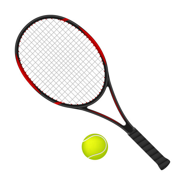 tennisschläger und ball, 3d-vektor-illustration - tennis racket ball isolated stock-grafiken, -clipart, -cartoons und -symbole