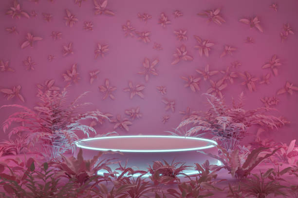 istock 3d rendering of neon illuminated podest surrounded by pink colored tropical plants 1309126950