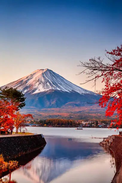 Japan Destinations. Red Maple Trees in Front of Picturesque Fuji Mountain At Kawaguchiko Lake in Japan. Vertical Image Composition
