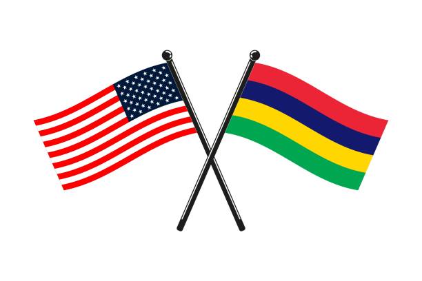 istock national flags of Mauritius and Usa crossed on the sticks 1309128270