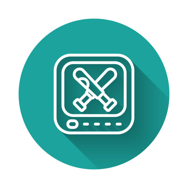 White line Monitor with baseball ball and bat on the screen icon isolated with long shadow background. Online baseball game. Green circle button. Vector White line Monitor with baseball ball and bat on the screen icon isolated with long shadow background. Online baseball game. Green circle button. Vector. baseball-scorecard stock illustrations