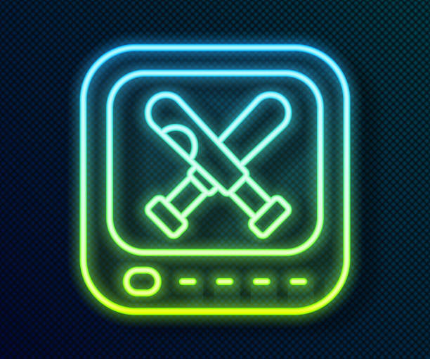 Glowing neon line Monitor with baseball ball and bat on the screen icon isolated on black background. Online baseball game. Vector Glowing neon line Monitor with baseball ball and bat on the screen icon isolated on black background. Online baseball game. Vector. baseball-scorecard stock illustrations