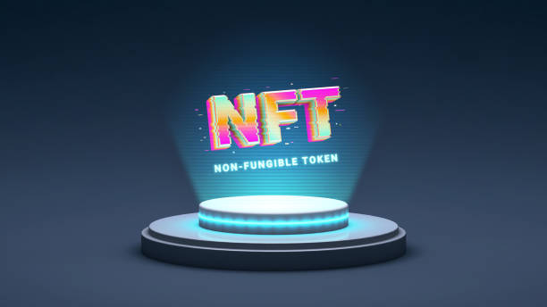 NFT non fungible token, crypto art in 3D rendering illustration. Platform showing NFT crypto art hologram. Virtual art and galleries using blockchain technology concept