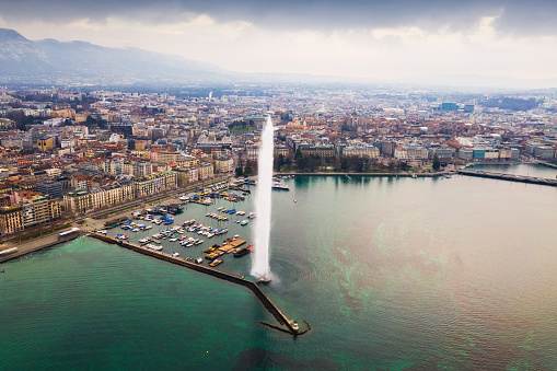 Aerial view of the fountain on the Lake Leman. Geneva. Switzerland
