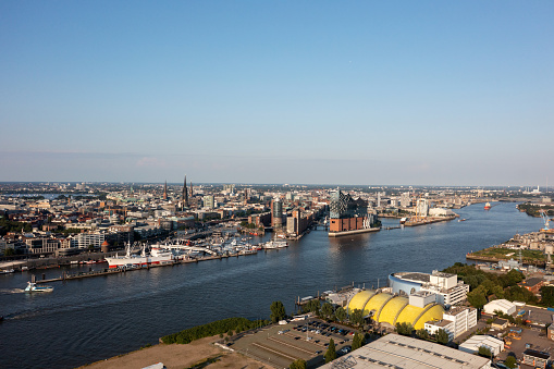 Germany: Aerial view of the Speicherstadt of Hamburg with the concert hall Elbphilharmonie.