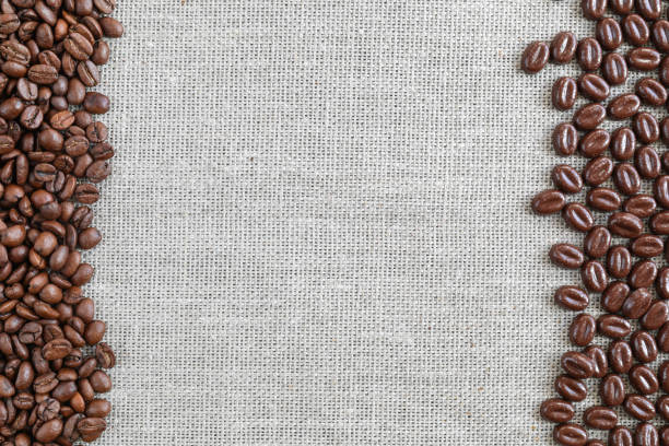 Coffee beans and chocolate beans are on the canvas with copy space