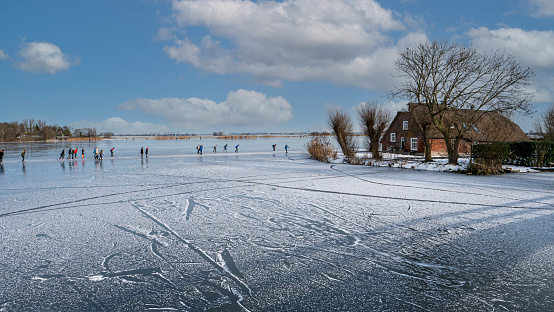 The surface of the lake covered with ice and snow with reeds, the water frozen in the swamp in the winter season