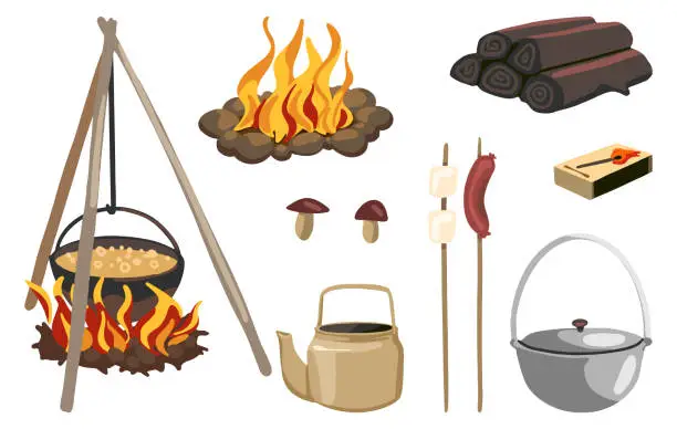 Vector illustration of Campfire equipment, outdoor adventure set, camping, hiking, travel, tourism theme. Hand drawn vector illustrations. Colorful cartoon cliparts isolated on white. For design, print, decor, card, sticker