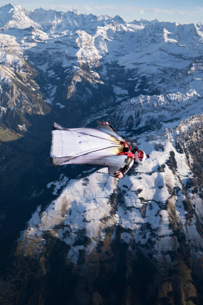 istock Wing suit soars above mountain landscape 1309139654
