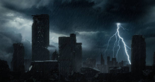 istock Post Apocalyptic Urban Landscape (Night Storm) 1309144250