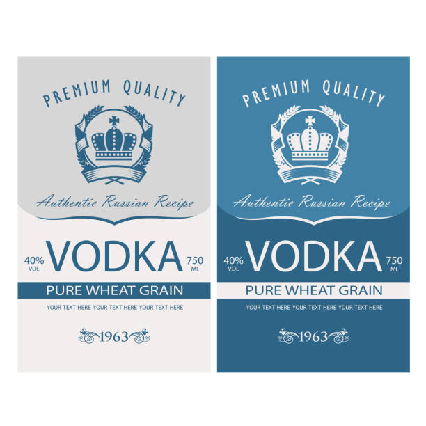 vodka labels set collection of vodka labels with royal crown and ears of wheat in retro style vodka stock illustrations