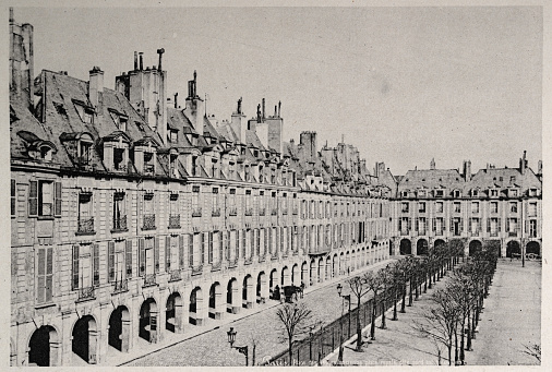 Vintage photograph of the Place des Vosges, Paris, the oldest planned square in Paris, France. It is located in the Marais district