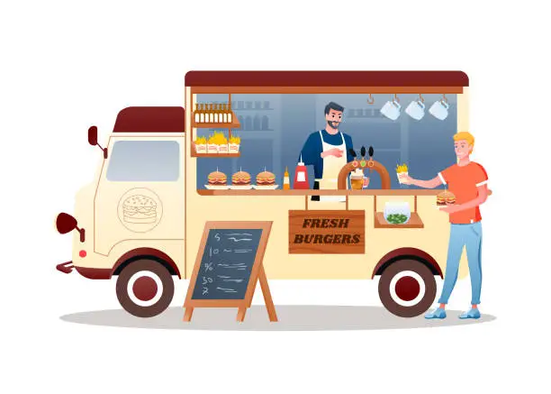 Vector illustration of Burger street food market truck, van car vehicle transport with hamburger fries and beer
