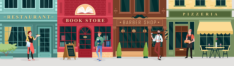 City shopping, retro street store buildings and workers vector illustration set. Cartoon chef waiter student characters and pizzeria restaurant facades, urban book retail store, barbershop background