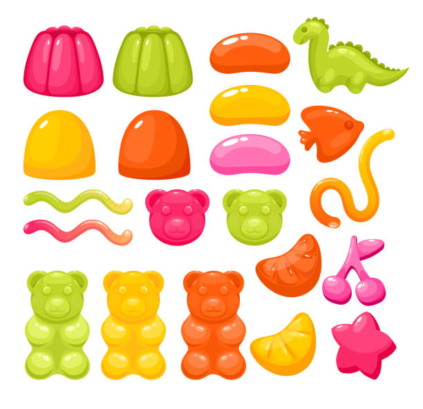 Jelly gummy candy sweets set, colorful glossy sweet dessert food for party collection Jelly gummy candy sweets vector illustration set. Colorful sweet dessert food for party collection with gum bear, sugar long strips, taste glossy candies of different shapes isolated on white gelatin stock illustrations