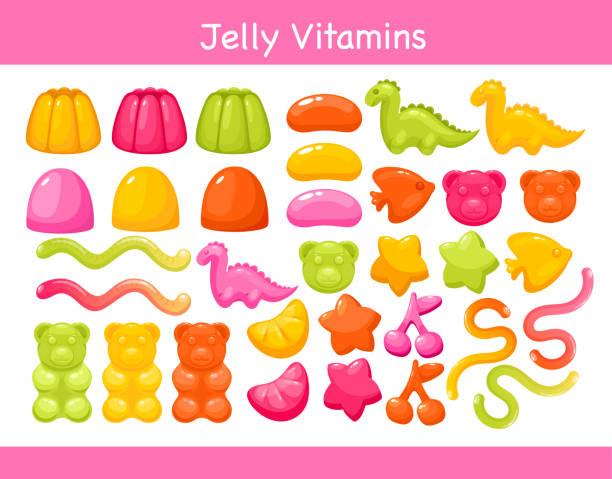 Gummy chewing vitamins jelly with fruit flavor set, colorful sweet bright gum vitamins Gummy chewing vitamins jelly with fruit flavor vector illustration set. Colorful sweet bright yellow green red pink gum vitamins for child to chew on children party, funny different shapes collection gummy candy stock illustrations