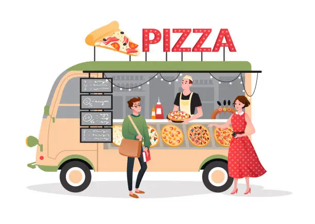 Vector illustration of Pizza street market food truck, mini pizzeria restaurant mobile shop in van bus foodtruck