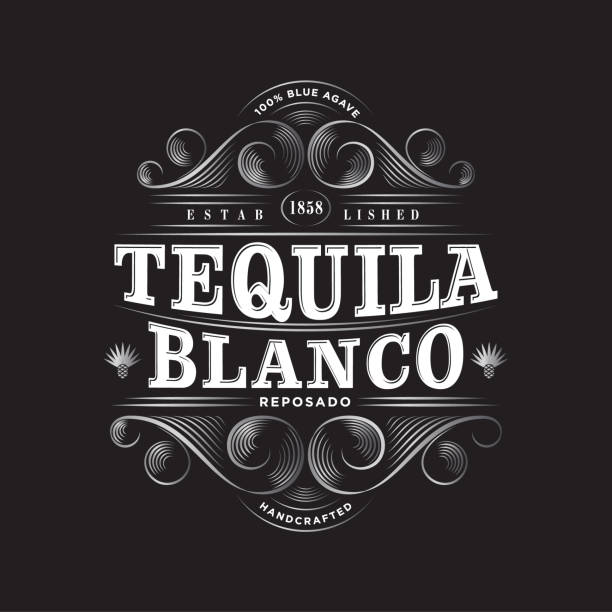 Tequila Blanco. Tequila Blanco label. Premium Packaging Design. Lettering Composition and Curlicues Decorative Elements. Baroque Style. peyote cactus stock illustrations