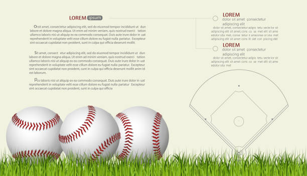 Baseball Banner template, game ball with shadow. vector Baseball Banner template, game ball with shadow and red seam, baseballs on a green field grass. Vector baseball baseballs spring training professional sport stock illustrations