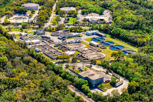 Aerial view of a sewage treatment facility located in Ormond Beach, Florida from an altitude of about 800 feet.