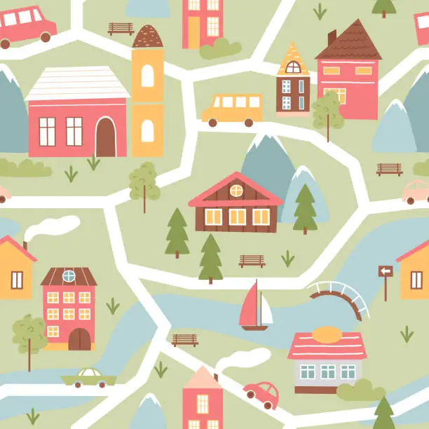 Vector illustration of Cute town or village houses, childish seamless pattern, townscape with river and bridge