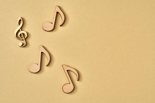 istock Wooden musical notes on yellow background, top view 1309150621