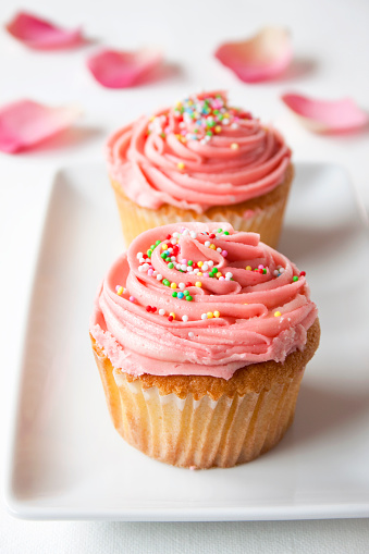 Two pink vanilla buttercream cupcake with sprinkles, on a white plate and background.