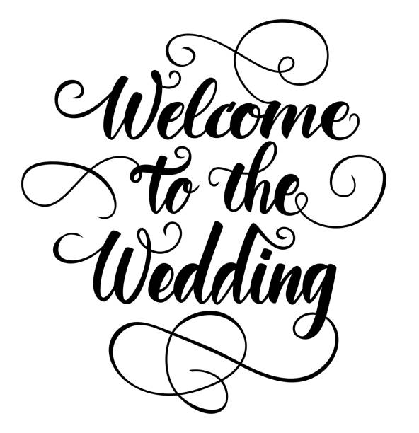 Welcome to the wedding - Brush pen lettering calligraphy. Vector illustration. Handwritten phrase Welcome to the wedding with flourish art decoration. Brush pen lettering calligraphy. Wedding sign isolated on white background. Vector illustration. welcome calligraphy stock illustrations