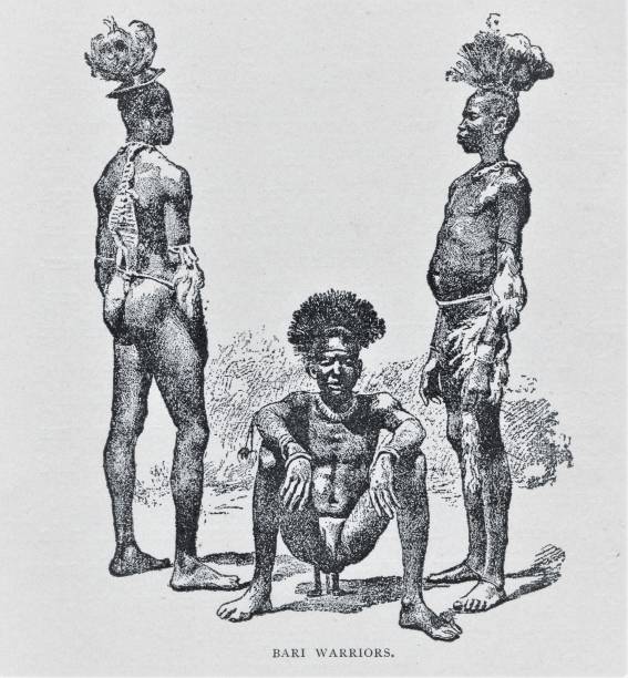 African Warriors in 19th Century Africa Bari Warriors from the Nile Valley in South Sudan in 1870s. Illustration published 1891. Source: Original edition is from my own archives. Copyright has expired and is in Public Domain. africa antique old fashioned engraving stock illustrations