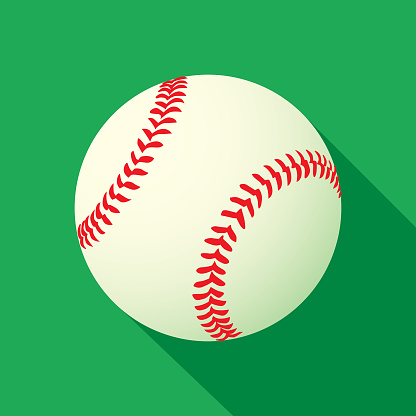 Vector illustration of a baseball with a shadow on a green square background.