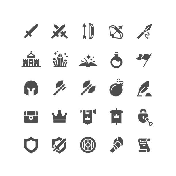 Medieval Flat Icons Set of medieval flat vector icons. spear icon stock illustrations