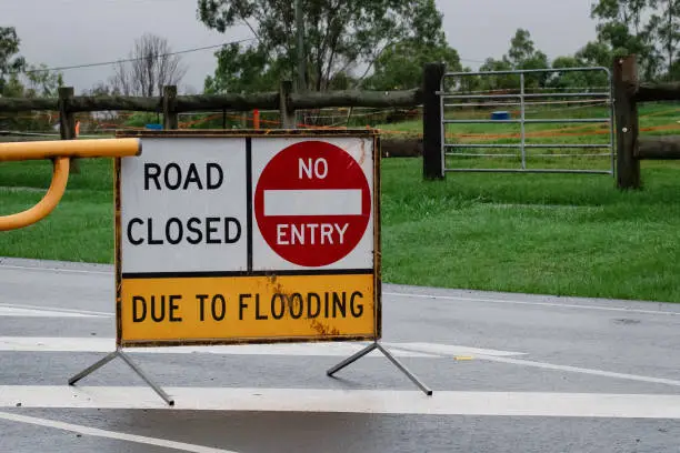 Photo of Road Closed Sign due to the flood. No Entry. Queensland Australia Petrie Youngs Crossing Road
