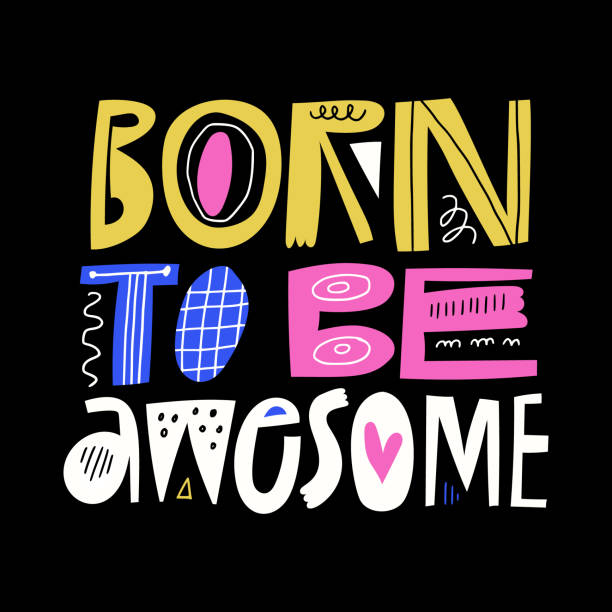 Born To Be Awesome hand drawn lettering inscription on black background. Abstract letters with doodle elements, multicolored inspirational text slogan. Childish art poster, t shirt typography design Born To Be Awesome hand drawn lettering inscription on black background. Abstract letters with doodle elements, multicolored inspirational text slogan. Childish art poster, t shirt typography design kids tshirt stock illustrations