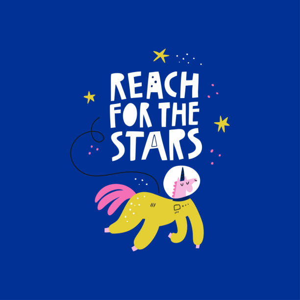 illustrazioni stock, clip art, cartoni animati e icone di tendenza di reach for the stars vector cita l'iscrizione e l'astronauta unicorno su sfondo blu. simpatico personaggio cosmonauta animale disegnato a mano che indossa la tuta spaziale. poster spazio esterno infantile, testo motivazionale - reach for the stars